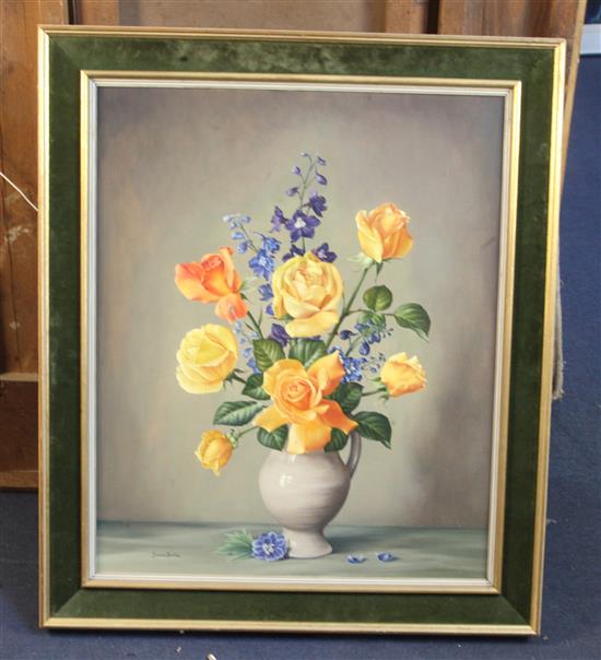 James Noble (1919-1989) Fresh Roses with a Spray of Delphiniums 60 x 50cm